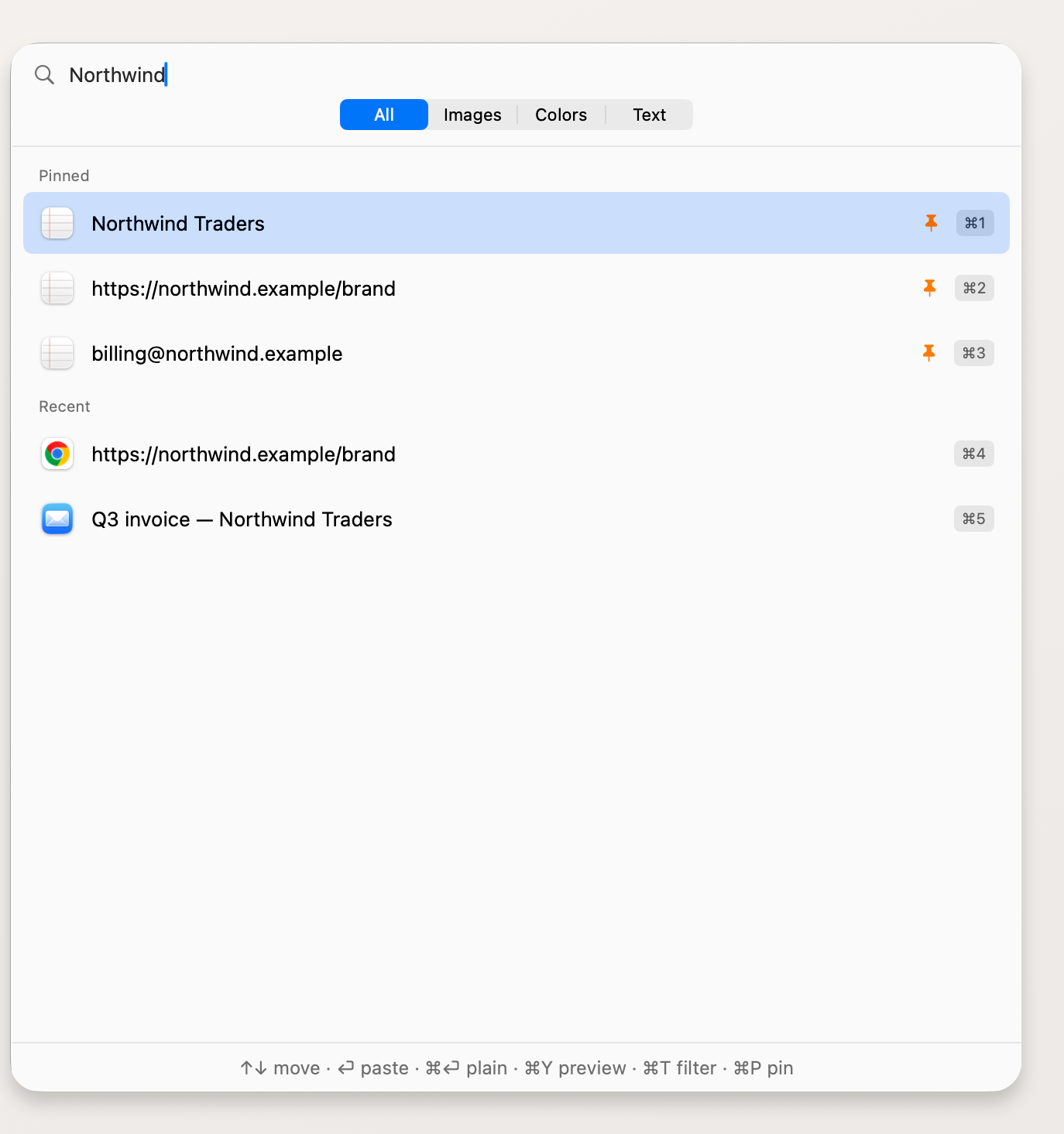 SwiftCopy’s panel with a search query typed, showing pinned items grouped above recent ones.